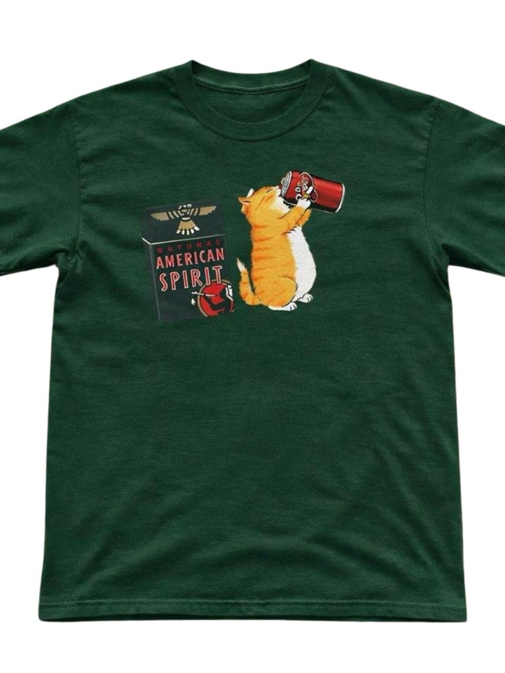 Gildan Forest Green Tee with Orange & White Cat Graphic